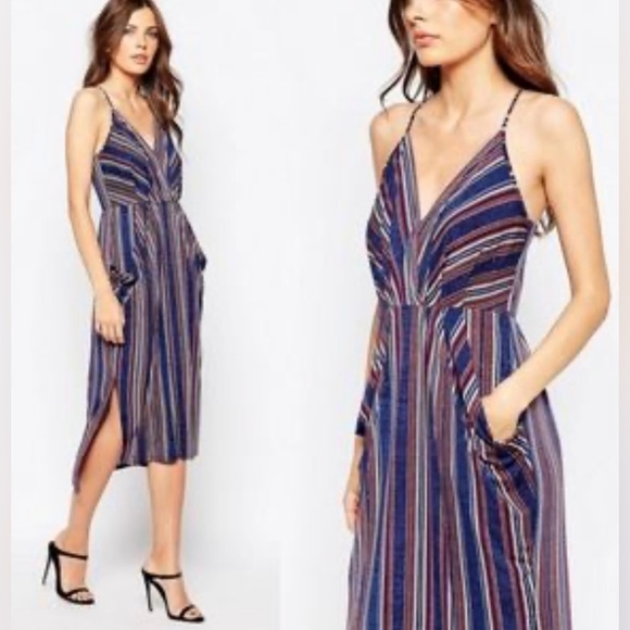 BCBG Generation Faux Wrap Striped MIDI Dress with Pockets Sz XS Halter Back - Picture 6 of 14